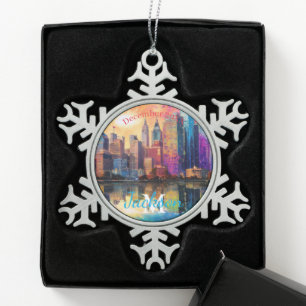 Detroit Skyline Abstract Art Snowflake Pewter Christmas Ornament