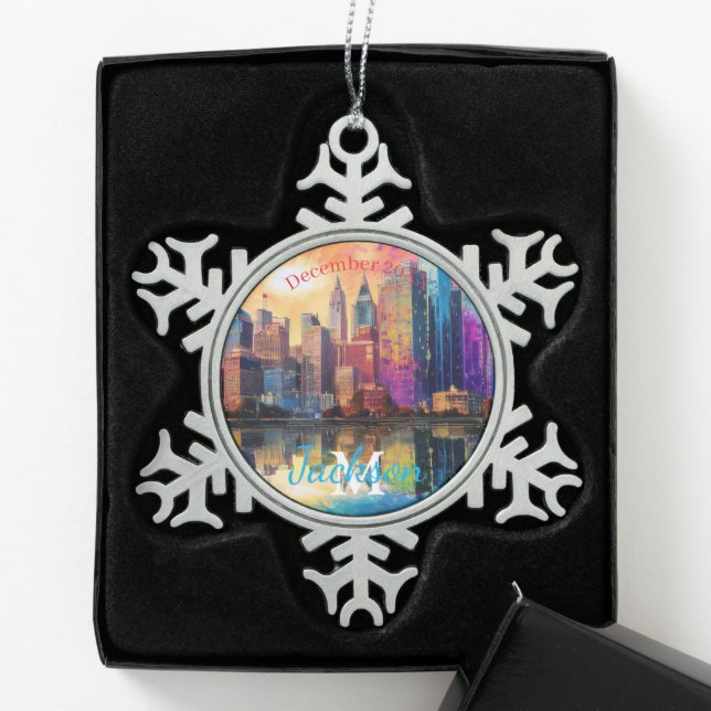 Detroit Skyline Abstract Art Snowflake Pewter Christmas Ornament (Box)