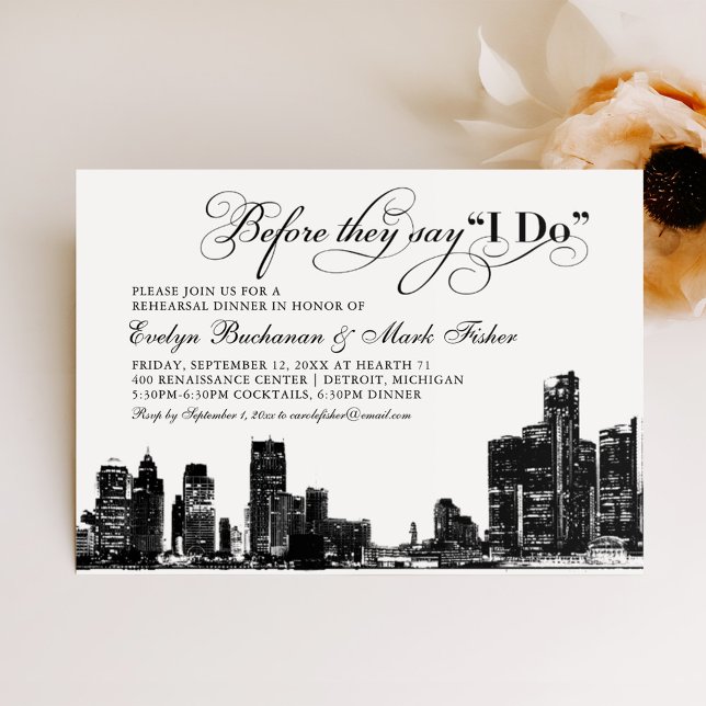 Detroit Skyline Art Deco Wedding Rehearsal Dinner Invitation (Creator Uploaded)