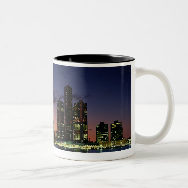 Detroit Skyline at Dusk 2 Two-Tone Coffee Mug (Right)