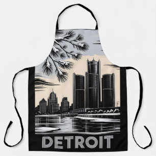 Detroit Skyline Black and White Woodcut Winter Apron