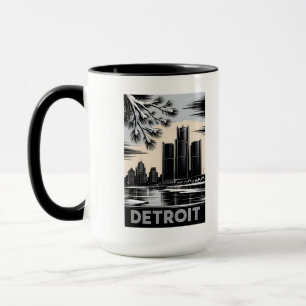 Detroit Skyline Black and White Woodcut Winter Mug