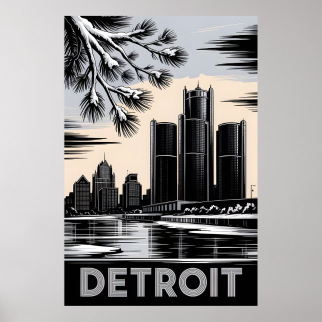 Detroit Skyline Black and White Woodcut Winter Poster (Front)