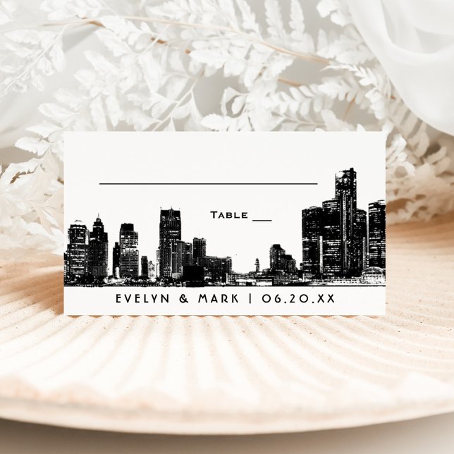 Detroit Skyline Black Art Deco Wedding Monogram Place Card (Creator Uploaded)