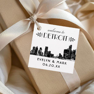 Detroit Skyline Black Art Deco Wedding Welcome Favour Tags