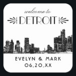 Detroit Skyline Black Art Deco Wedding Welcome Square Sticker<br><div class="desc">Vintage style wedding welcome favour sticker design features a unique etched image of the Downtown Detroit city skyline taken in the evening along the riverfront, combined with vintage Art Deco typography, and a classic black and white colour scheme. Personalise the custom monogram text with the bride and groom's names and...</div>