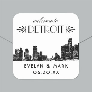 Detroit Skyline Black Art Deco Wedding Welcome Square Sticker