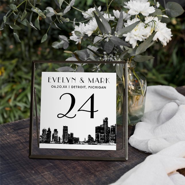 Detroit Skyline Black White Wedding Table Number (Creator Uploaded)