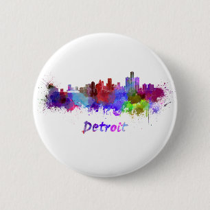Detroit skyline in watercolor 6 cm round badge