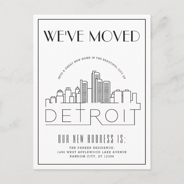  Detroit Skyline Modern Deco Change of Address Announcement Postcard (Front)