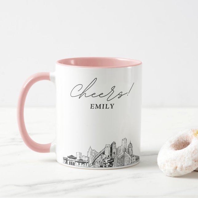 Detroit Skyline Personalised Wedding Coffee Mug (With Donut)