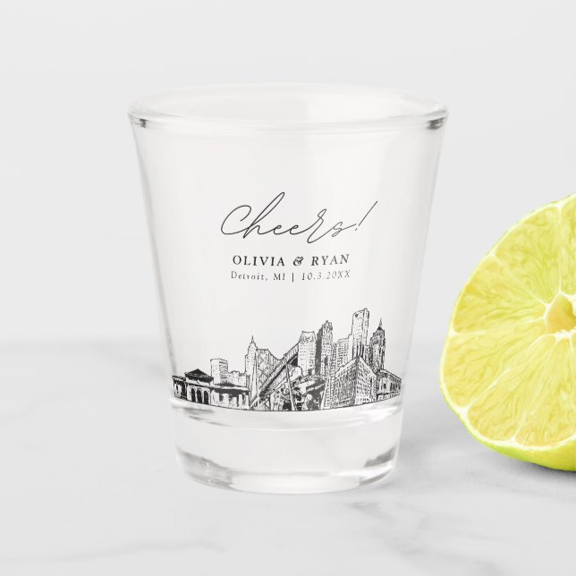 Detroit Skyline Wedding Favour Cheers Shot Glass (Front)