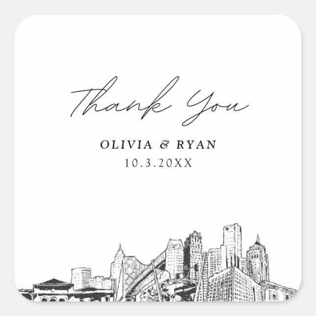 Detroit Wedding Skyline Favour Thank You Square Sticker (Front)