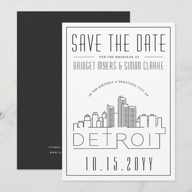 Detroit Wedding | Stylised Skyline Save the Date Invitation (Front/Back)