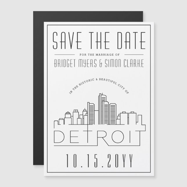 Detroit Wedding | Stylised Skyline Save the Date Magnetic Invitation (Front/Back)
