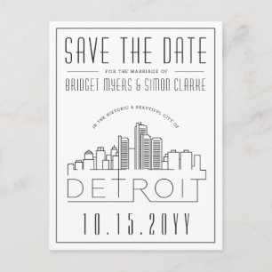 Detroit Wedding   Stylised Skyline Save the Date Postcard