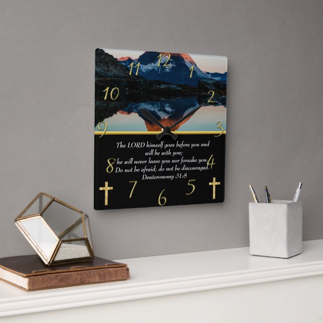 Deuteronomy 31:8 Christian Faith moutain lake   Square Wall Clock (Office)