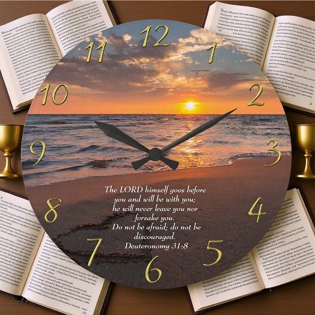 Deuteronomy 31:8 Christian ocean with a sunset   Large Clock (Creator Uploaded)