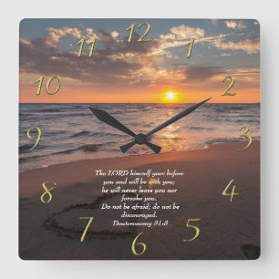Deuteronomy 31:8 Christian ocean with a sunset   Square Wall Clock