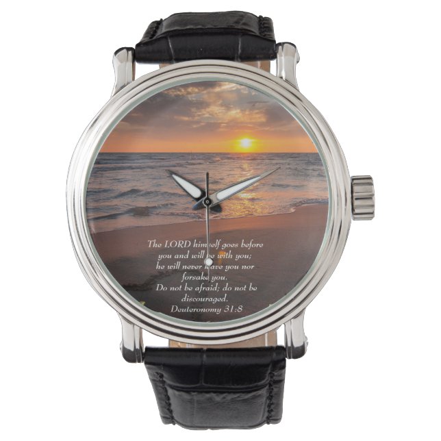 Deuteronomy 31:8 Christian ocean with a sunset   Watch (Front)