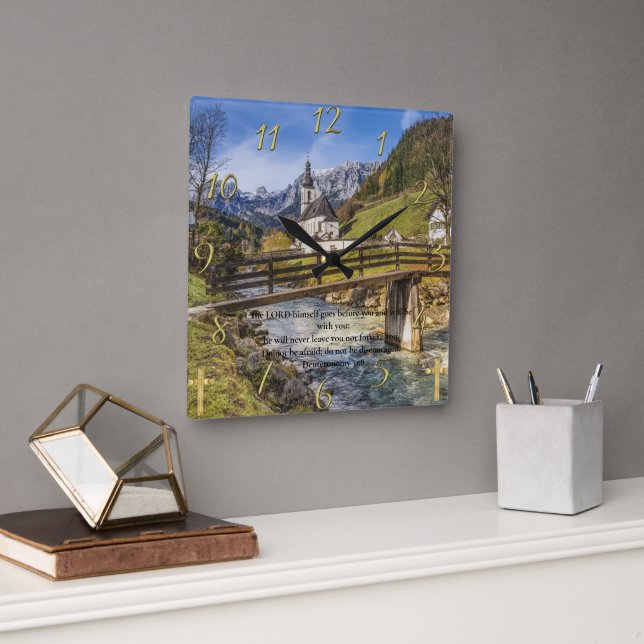  Deuteronomy 31:8 church near the moutain  Square Wall Clock (Office)