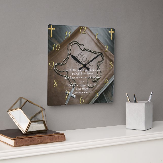  Deuteronomy 31:8  Holy Bible with cross  Square Wall Clock (Office)