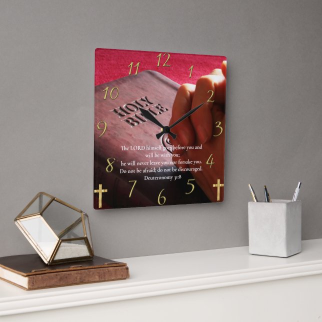 Deuteronomy 31:8 holy bible with hands   Square Wall Clock (Office)