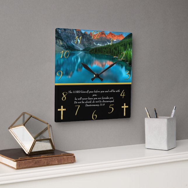 Deuteronomy 31:8 moutain lake  square wall clock (Office)