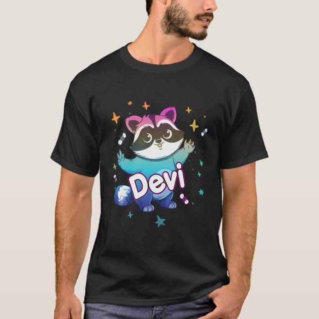 Devi - Cute Boy Name With Cool Racoon T-Shirt (Front)