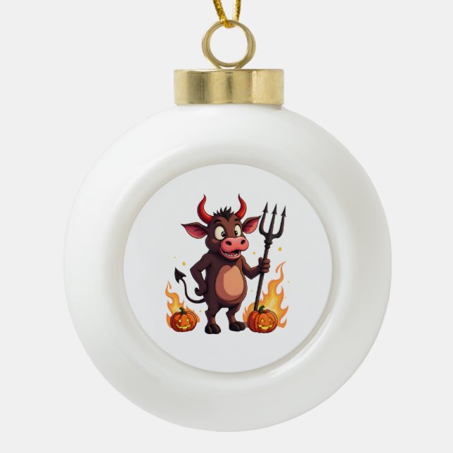 Devil Cow Mischief Ceramic Ball Christmas Ornament (Front)