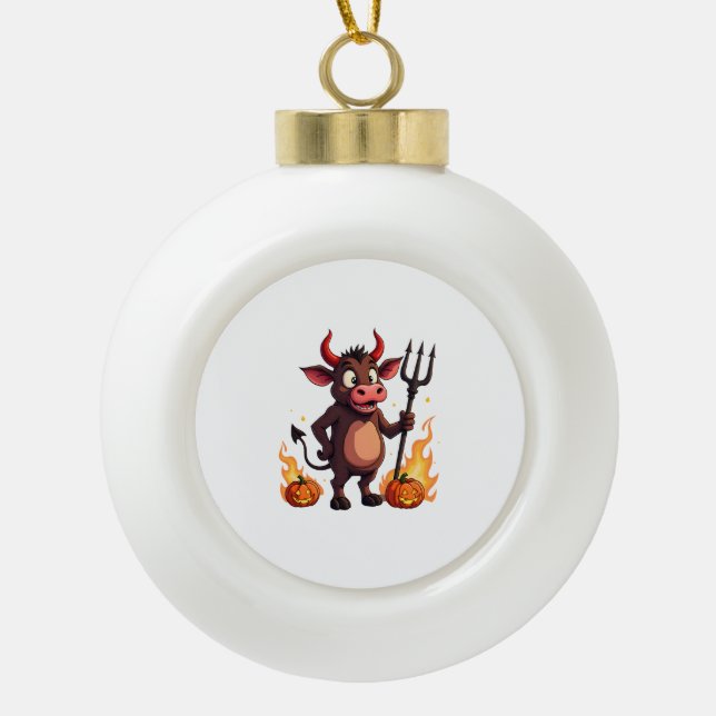 Devil Cow Mischief Ceramic Ball Christmas Ornament (Front)