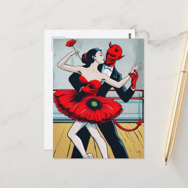 Devil Dances With a Woman in a Red Poppy Dress Postcard (Front/Back In Situ)