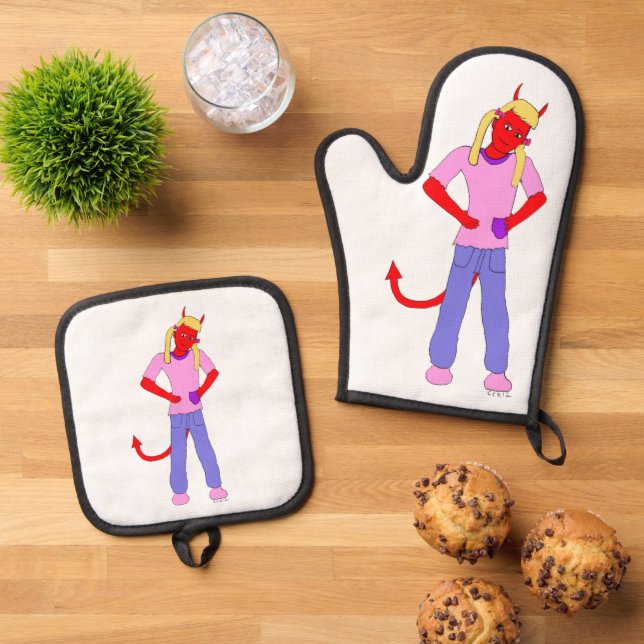 devil girl  oven mitt & pot holder set (Top Down)