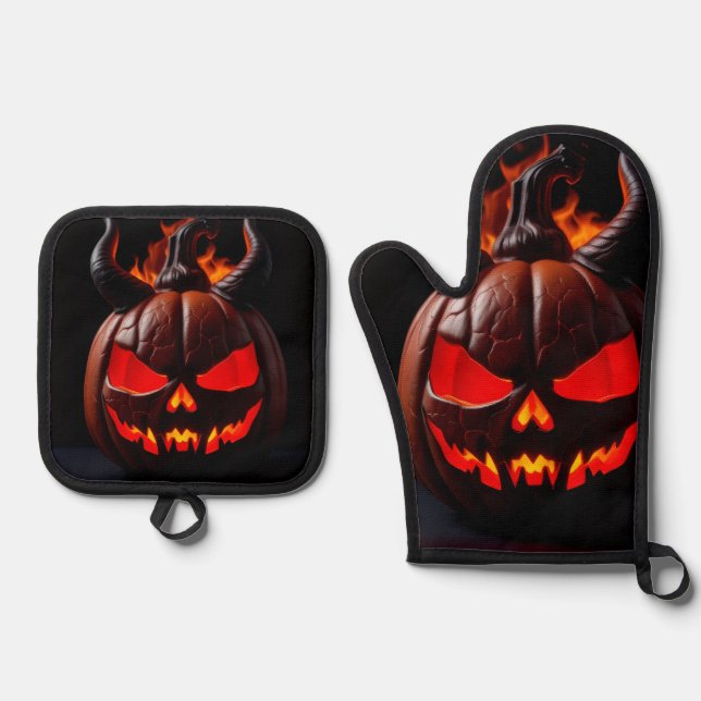 Devil Pumpkin Crown Halloween Mitt Set (Front)