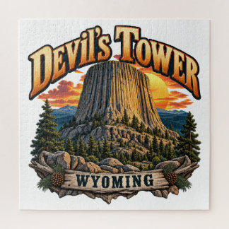 Devil’s Tower Wyoming Vintage Sunset Graphic Jigsaw Puzzle