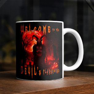 Devil Satan on night cemetery with blood red moon Coffee Mug
