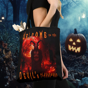 Devil Satan on night cemetery with blood red moon Tote Bag