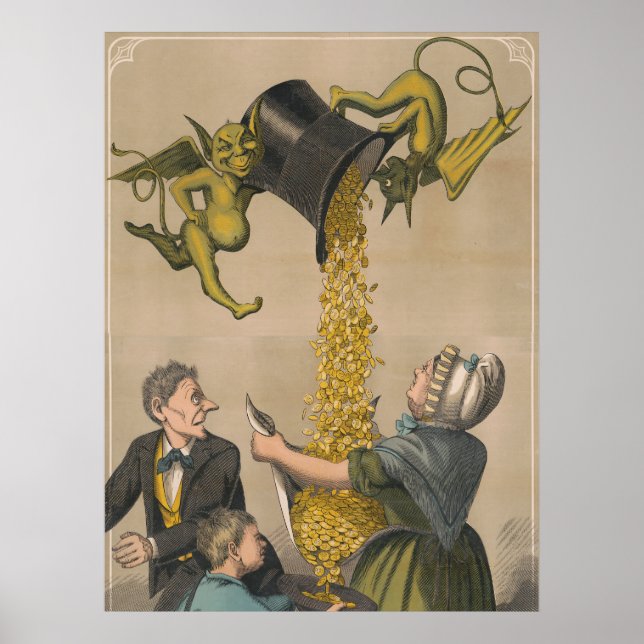 Devils Pouring Gold Coins Into Woman's Apron Poster (Front)
