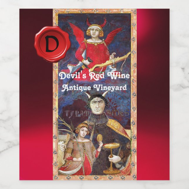 DEVIL'S RED WINE WAX SEAL MONOGRAM /ANTIQUE TAROTS WINE LABEL (Single Label)