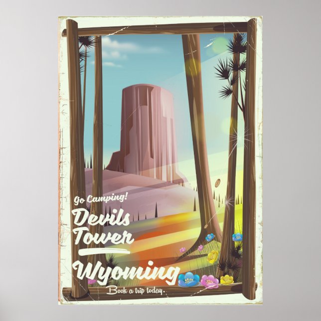 Devils Tower, Wyoming vintage Camping print. Poster (Front)