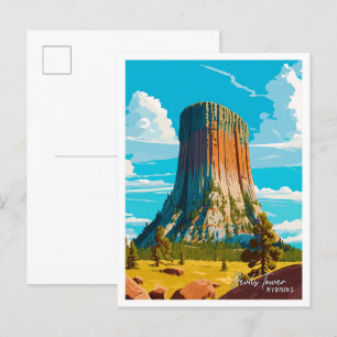 Devils Tower Wyoming Vintage Travel Illustration Postcard