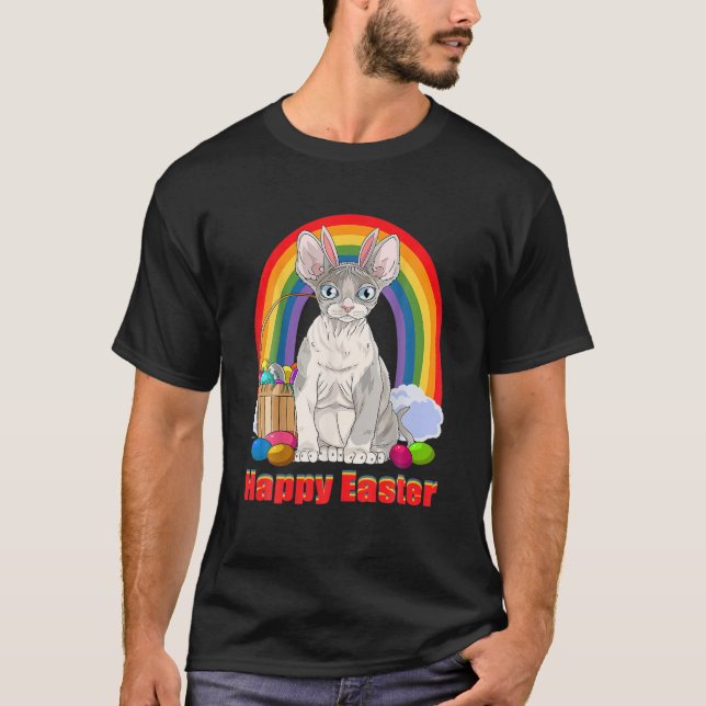 Devon Rex Cat Happy Easter Eggs Bunny T-Shirt (Front)