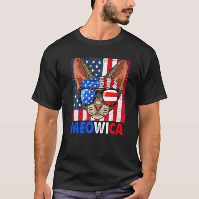 Devon Rex Cat Meowica 4th Of July With Glasses Ame T-Shirt (Front)