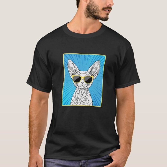 Devon Rex Cat Portrait Pop Art Cat With Sunglasses T-Shirt (Front)