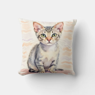 Devon Rex Cat Watercolor Wavy Line Art Cushion