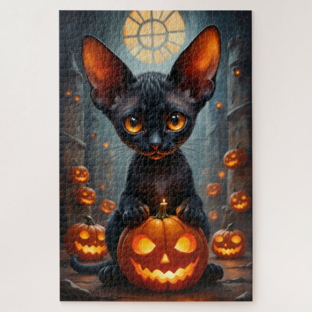 Devon Rex Gothic Halloween Portrait Art Jigsaw Puzzle (Vertical)