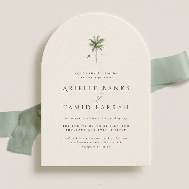 Devonport Monogram Modern Watercolor Palm Wedding Invitation (Creator Uploaded)