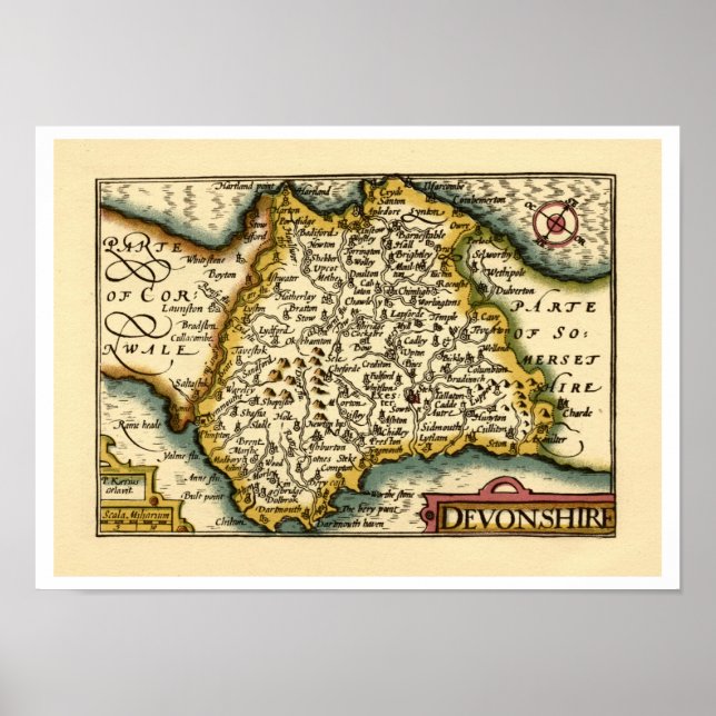 "Devonshire" Devon County Map, England Poster (Front)