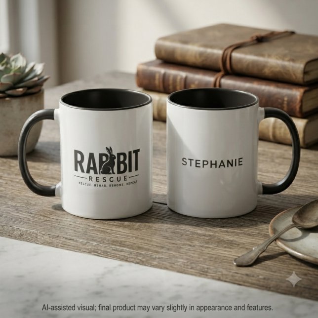 Devoted Charcoal Rabbit Rescue Silhouette Mug (Charcoal bunny silhouette and rescue quote for passionate animal lovers and adoption milestones)