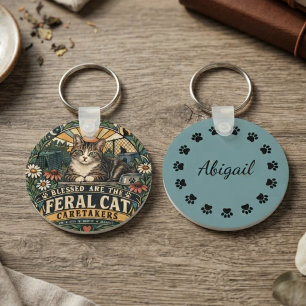 Devoted Forest Green Vintage Feral Cat Key Ring